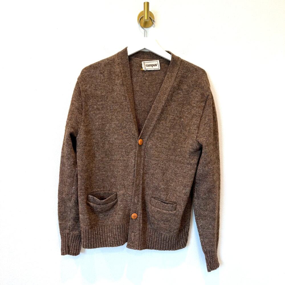 Vintage Campus Wool Cardigan Sweater Brown Made USA 60s 70s Grandpa/Grunge